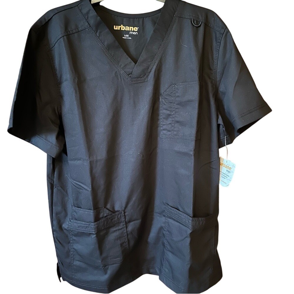 Urbane Men Scrub‎ Top Black V-Neck Short Sleeve Stretch Medical Uniform